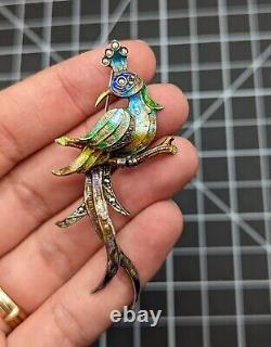 Sterling Silver Multicolor Enamel Marcasite Peacock Bird Vintage Brooch Pin