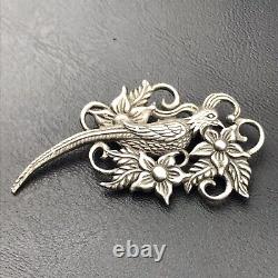Sterling Silver Pin Brooch Or Pendant Vintage Bird Flowers Marked GA Antique