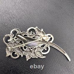 Sterling Silver Pin Brooch Or Pendant Vintage Bird Flowers Marked GA Antique