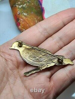 Stunning Antique Vintage Large Enamelled Gilt Bird Brooch