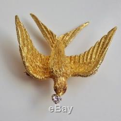 Stunning Vintage 18ct Gold Diamond & Ruby Swallow Bird Brooch c1970