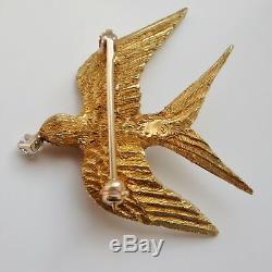 Stunning Vintage 18ct Gold Diamond & Ruby Swallow Bird Brooch c1970