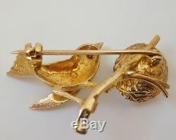 Stunning Vintage 9ct Gold Ruby & Pearl Bird with it's Nest & Eggs Brooch c1963