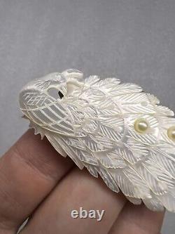 Stunning Vintage Carved Mother of Pearl Peacock Brooch Pin