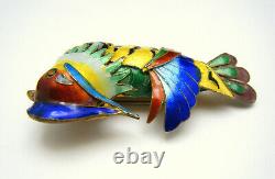 Stunning Vintage Chinese Export Enamel Bird Brooch Large Colorful Marked Silver