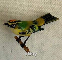 Takahashi Bird Pin Gold-Crowned Male Kinglet Handpainted Carved Wood Brooch Vtg
