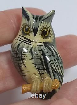 Takahashi Owl Hand Painted Carved Wood Bird Brooch Pin