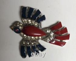 Trifari Bird Fur Clip Patiotic Blue & Red Enamel Rhinestones Philippe Vintage