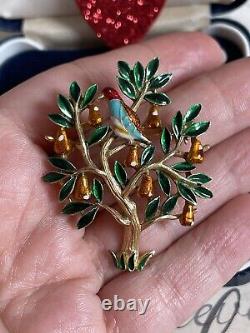 Trifari brooch tree of Life w bird golden pear vintage 1950s A. Philippe signet