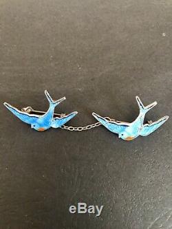 Two VINTAGE SILVER BLUE ENAMEL BIRD BROOCHES Linked With A Silver Chain