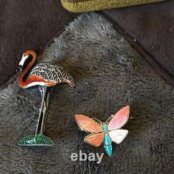 Two rare Vintage 925 sterling silver enamel butterfly and bird brooch