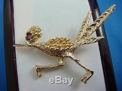 Unique F. J. G. 14k Yellow Gold Vintage Roadrunner Bird Brooch With Ruby Eye