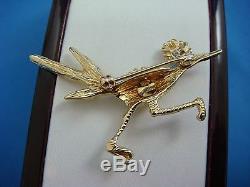 Unique F. J. G. 14k Yellow Gold Vintage Roadrunner Bird Brooch With Ruby Eye