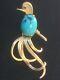 Vintage 14k Gold Art Deco Turquoise Birds Of Paradise Pin Brooch 10 Grams