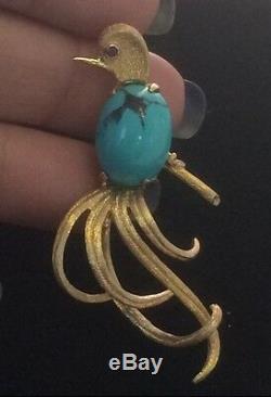 VINTAGE 14K GOLD ART DECO TURQUOISE BIRDS OF PARADISE PIN BROOCH 10 Grams