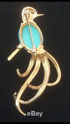 VINTAGE 14K GOLD ART DECO TURQUOISE BIRDS OF PARADISE PIN BROOCH 10 Grams