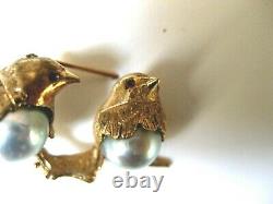 VINTAGE 18K YELLOW GOLD PIN-BROOCH 2 LOVING BIRDS with TAHITIAN PEARLS &RUBIES