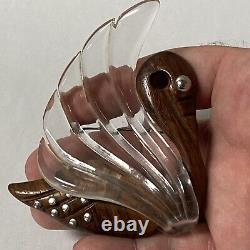 VINTAGE 1950's LARGE SWAN BIRD RIVETED CARVED WOOD LUCITE PIN BROOCH
