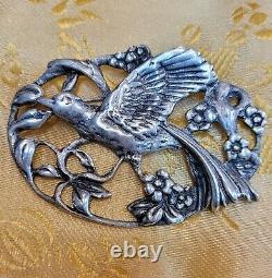 VINTAGE 1960-70's STERLING SILVER Handcrafted Bird Flowers Leave BROOCH / PIN