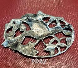 VINTAGE 1960-70's STERLING SILVER Handcrafted Bird Flowers Leave BROOCH / PIN