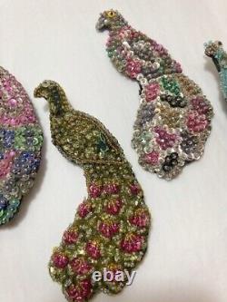 VINTAGE 40's Lot of 4 SEQUIN BEADED PEACOCK BROOCH PINS HAND MADE