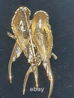 VINTAGE 80's D'Orlan Jay Birds Brooch Gold Tone Swarovski Crystal Enamel