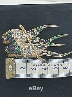 VINTAGE 80's D'Orlan Jay Birds Brooch Gold Tone Swarovski Crystal Enamel