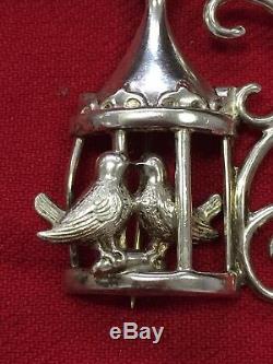 VINTAGE ANTIQUE STERLING SILVER SIGNED LANG LOVE BIRDS IN CAGE PIN BROOCH 1950s