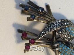 VINTAGE LOVE BIRDS Sterling Silver Marcasite TURQUOISE BEADED BROOCH PIN Jewele