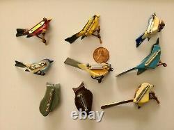 VINTAGE TAKAHASHI Wood Bird Brooch Pin Hand Painted & Carved 9 BIRD LOT