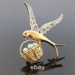 VTG 15K Gold Palladium Diamond Ruby Bird Pearl Egg Nest Brooch Pin
