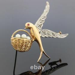 VTG 15K Gold Palladium Diamond Ruby Bird Pearl Egg Nest Brooch Pin