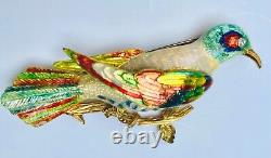 VTG 18k Yellow Gold Multicolor Enamel Hummingbird Branch Pin Brooch Diamond Eye