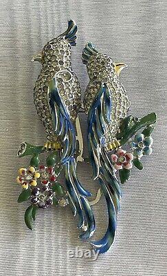 VTG 1940s CORO DUETTE ENAMEL CALLIOPSIS BIRDS PIN BROOCH