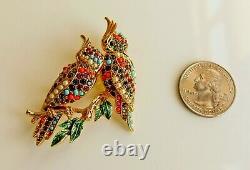 VTG 50s D'Orlan Royal Parrots 22kt Gold Plate Faux Pearls, Coral, Turq. Brooch