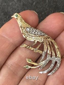 VTG 9 ct White Yellow Gold Diamond and Emerald Bird Of Paradise Brooch H/MARKED