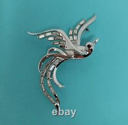 VTG Crown Trifari 1950 Signed 159923 Alfred Philippe Silver Baguette Bird Brooch