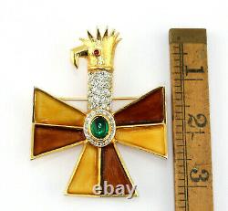 VTG Early Kenneth Jay Lane Emerald Rhinestone Enamel Bird Maltese Cross Brooch