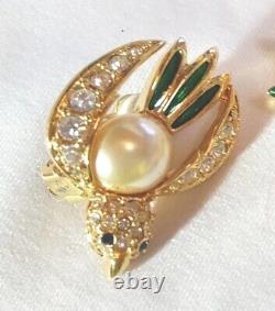 VTG Joan River Birds Rhinestones and Pearls-Pin Brooch+Earrings Set-Signed- Rare