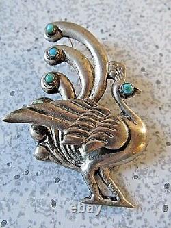 VTG Large Sterling Turquoise Bird of Paradise Peacock Brooch Made in Mexico