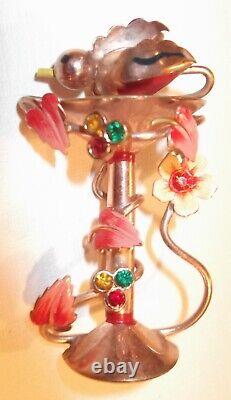 VTG Longcraft Brass & Enamel Bird & Birdbath Costume Figural Pin Brooch 1930s