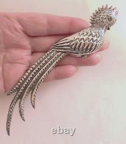 VTG Mexican Silver Quetzal BIRD Pin Brooch Repousse 6 1/8 Long LARGE 28.5 Grams