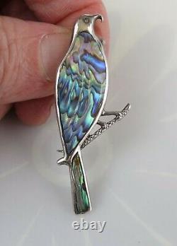 VTG Sterling silver brooch pin bright Abalone feathered bird on branch S 743