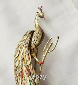 VTG large PEACOCK Brooch 4 layered, enamel gold figural bird pin unique