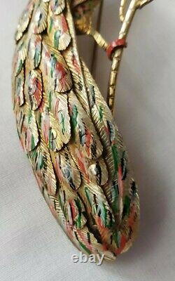VTG large PEACOCK Brooch 4 layered, enamel gold figural bird pin unique