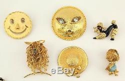 VTG unsigned puppy sun owl bird gold tone enamel figural 15 pins brooches lot