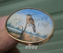 Victorian 15ct Gold Sweetheart / Memorial Brooch Photo Locket Hand Painted Bird