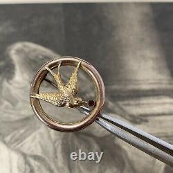 Victorian 9ct Gold Bird Brooch, Swallow in flight Antique Circular Garnet Pin