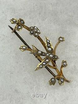 Victorian 9k Yellow Gold Seed Pearl Flower Peace Dove Bird Pin Brooch