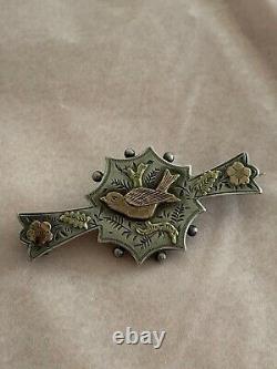 Victorian Aesthetic Sterling Silver & Gold Etched Floral Bird Pin Brooch